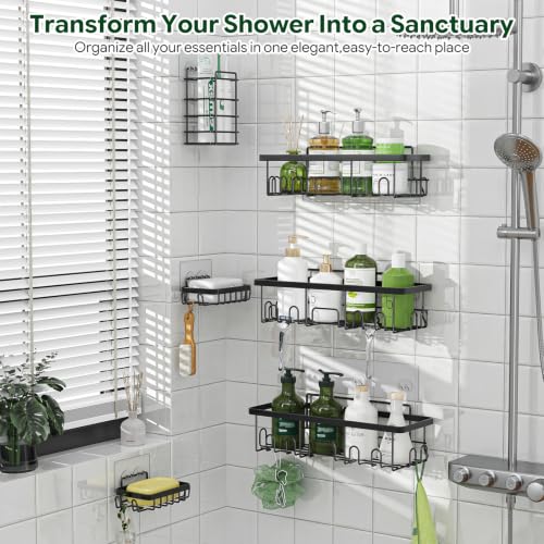 Simple Trending 6-Pack Shower Caddy Adhesive with Large Capacity | No Drilling Shower Shelves, Rustproof Stainless Steel Bathroom Organizers and Storage , Quick Dry, Abrasion Resistant, Black
