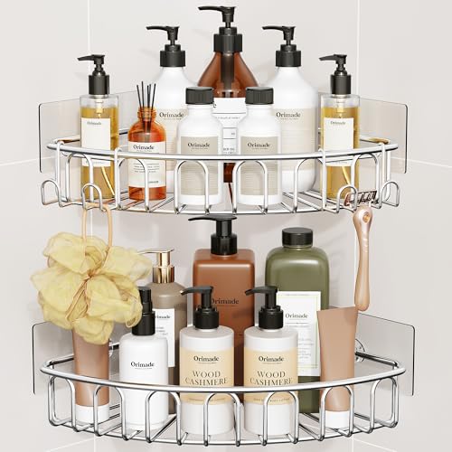 Orimade Corner Shower Caddy Stainless Steel with Hooks Wall Mounted Bathroom Shelf Storage Organizer Adhesive No Drilling 2 Pack, Silver Only for 90-Degree Corner - color: Silver