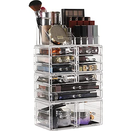 Cq acrylic 4 Pack Clear Makeup Organizer Countertop,Stackable 12 Drawers Skincare Organizer,Cute Skin Care Organizer for Vanity Hair Clip,Jewelry,Beauty Product Desk and Make Up Organizers for Vanity - size: 12 Drawers