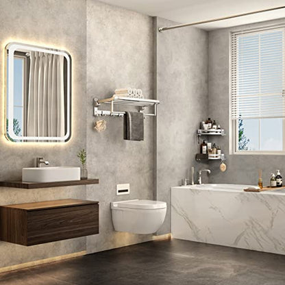 24 Inch Towel Rack with Towel Bar Holder Foldable Towel Shelf with Movable Hooks Rustproof Towel Storage Wall Mount for Bathroom Lavatory Silver - color: Silver