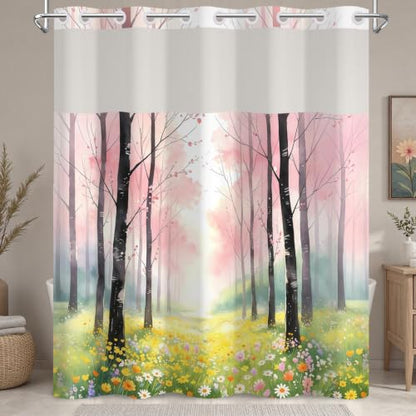 No Hook Woodland Shower Curtain with Snap in Liner, 71x74 Inch | Mesh Top & Double Layer Waterproof Bath Curtain, Whimsical Pink Blossom Trees & Wildflower Meadow Design for Girls Bathroom - color: Trees and Wildflowers