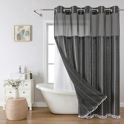 eachope No Hook Long Shower Curtain Set with Snap-in Fabric Liner,Linen Textured Thick Striped Fabric with Tassels,Boho Farmhouse Rustic Luxury Bathroom Curtain,Water-Repellent,Charcoal Grey,71x80 | 230GSM Thick Fabric,Hotel Luxury Decor,Mesh Top Window,W