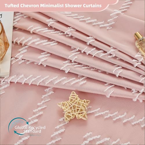 Siiluminisoy Pink Shower Curtain with Tassel Woven Fabric Boho Shower Curtain Cute Farmhouse Textured Tufted Chevron Striped 72 x 72 Bathroom Shower Curtain - color: A Pink, size: 72"W x 72"L (Pack of 1)