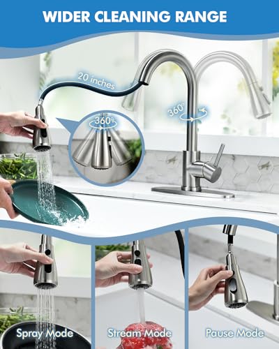 VFAUOSIT Kitchen Faucet with Pull Down Sprayer and Soap Dispenser | Deck Plate Included for 1–4-Hole Sinks, 3 Spray Modes, 20-Inch Hose, 360° Swivel, SUS304 Steel, 15-Minute Install - color: Brushed Nickel-05