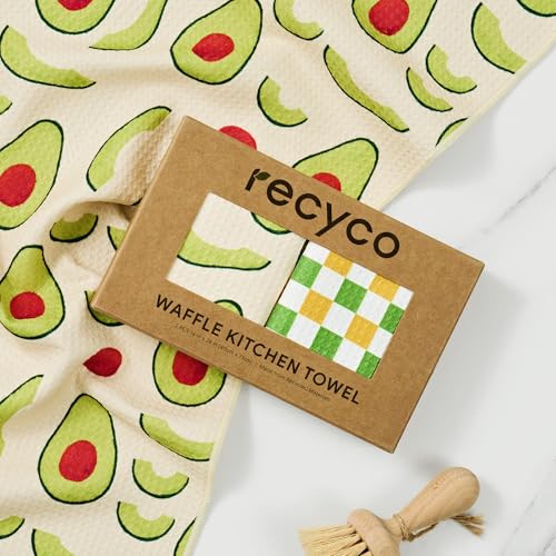 RECYCO Waffle Kitchen Towel Set of 2 - Quick Dry Microfiber Sustainable Dish Towels - Ultra Absorbent Reusable Cleaning Tea Towels - Lightweight Hand Towels,16”x 28”, Avocado Vibes - color: Avocado Vibes