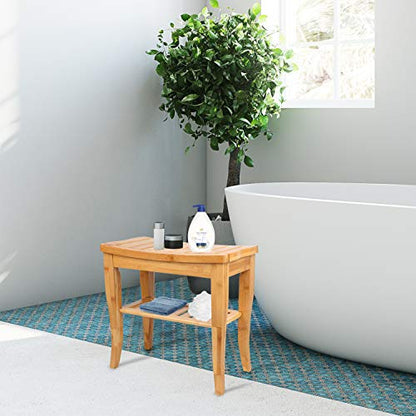 Olebes Bamboo Shower Bench Stool with Storage Shelf - Waterproof Wood Spa Bath Seat for Indoor or Outdoor Use, Wooden Bathroom Bench Chair（18.5"*10.2"*17.7"
