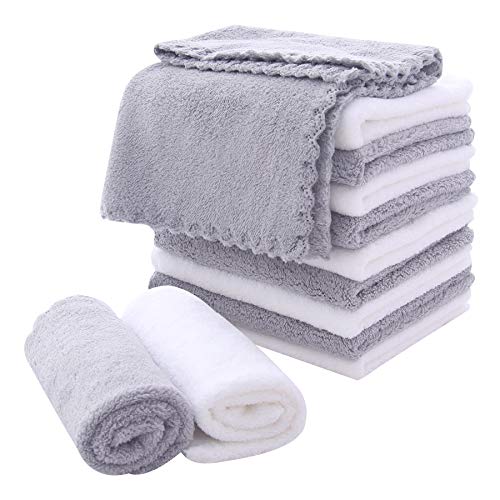 MOONQUEEN Microfiber Facial Cloths Fast Drying Washcloth 12 Pack - Premium Soft Makeup Remover Cloths - Highly Absorbent - color: White-grey, size: 12x12 Inch (Pack of 12)