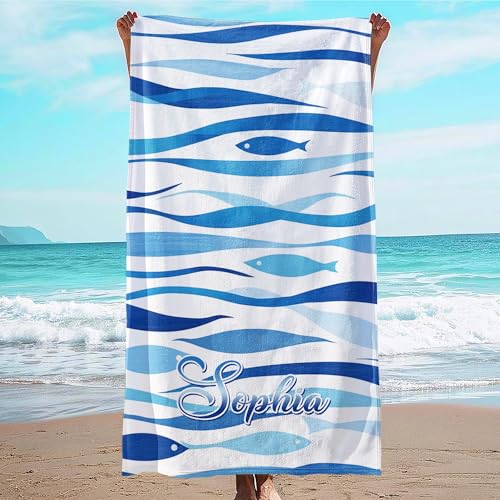 JML Custom Beach Towel with Name, Personalized Microfiber Beach Towel with Name, Large, Soft, Quick Dry & Absorbent for Swim, Pool,Adult,Summer Holiday,Vacation,Travel,Gift for Anniversary, Birthday - color: Blue Waves-1, size: 1 Pack-35" x 70"