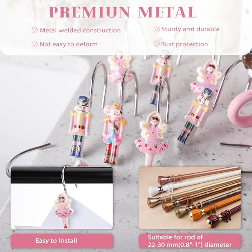 Colingmill 12 Pcs Christmas Nutcracker Shower Curtain Hooks Xmas Pink Nutcracker Shower Curtain Hooks Holiday Bathroom Rust Resistant Decor Rings for Winter Bathroom Bedroom Farmhouse Decorations - style: Nutcracker