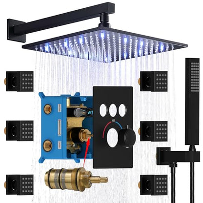 Enga Thermostatic Shower Jets System (Run All Features At Once), 12 Inch LED Rain Shower Wall Mounted with 6 Body Spray Jets and Handheld Shower, Contain Brass Thermostatic Shower Valve, Matte Black - color: Black, style: Wall Mount-6 Jets