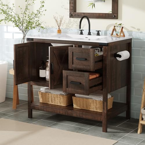 AMERLIFE 36" Brown Farmhouse Bathroom Vanity with Sink and 2 Drawers | Rustic Brown, Single Solid White Integrated Top, Moisture-Resistant MDF, 2 X-Panel Doors, 2 Drawers, Open Shelf, Towel Holder - color: Rustic Brown, size: 36”