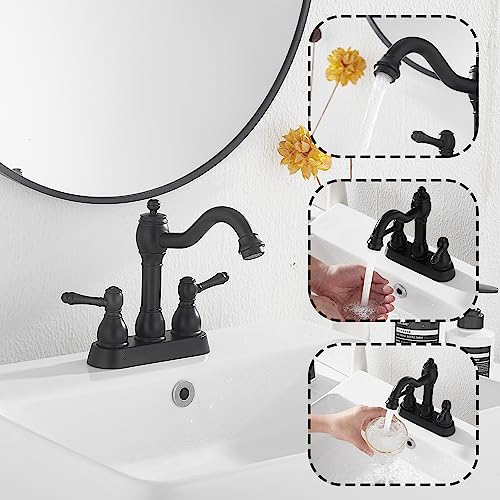 Matte Black Bathroom Faucet 2 Handles 4 Inches Centerset RV Black Bathroom Vanity Faucet with Drain Assembly and Supply Hose Lavatory Faucet - color: Black, size: Centerset