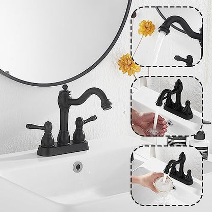 Matte Black Bathroom Faucet 2 Handles 4 Inches Centerset RV Black Bathroom Vanity Faucet with Drain Assembly and Supply Hose Lavatory Faucet - color: Black, size: Centerset