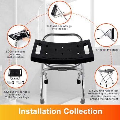 Folding Shower Seat, Stainless Eligible Shower Chair for Inside Shower, 400lbs Portable Travel Shower Stool, Safety Anti-Slip Bath Chair for Seniors, Disabled(Black)