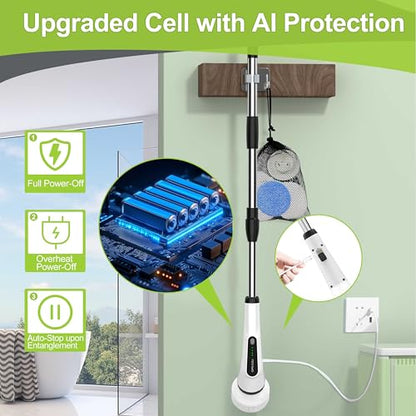 WKY-Electric Spin Scrubber - Upgraded 10-in-1 IPX7 Waterproof Shower Scrubber, Retractable Handle & 2-Speed for Toilet, Bathroom, Bathtub, Tile Floors - color: White