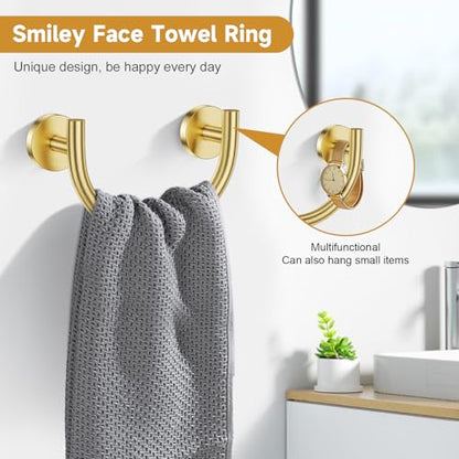 5-Piece Bathroom Hardware Accessories Set,Brushed Gold Towel Bar Set with Smiley Face Towel Rings, Stainless Steel Wall-Mounted Towel Holder Set for Bathroom,23.6 Inch - color: Gold