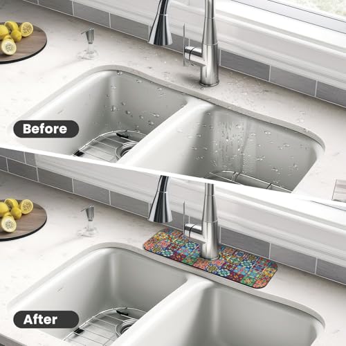 Talavera Mexican Ceramic Tile Floral Kitchen Sink Splash Guard Faucet Mat Super Absorbent Fast Drying Mat Sink Gadgets-Fast Drying Pad Sink Mat For Kitchen Bathroom (15" X 5.5" ) - color: Talavera Mexican Ceramic Tile