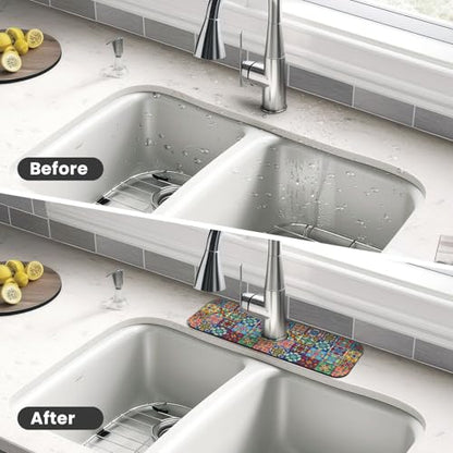 Talavera Mexican Ceramic Tile Floral Kitchen Sink Splash Guard Faucet Mat Super Absorbent Fast Drying Mat Sink Gadgets-Fast Drying Pad Sink Mat For Kitchen Bathroom (15" X 5.5" ) - color: Talavera Mexican Ceramic Tile