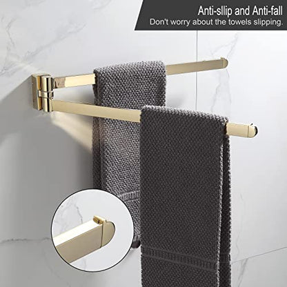 BGL Swivel Towel Bar Brushed Gold,Two Arms Wall Mount Towel Hanger Holder for Bathroom Organizer - color: Gold