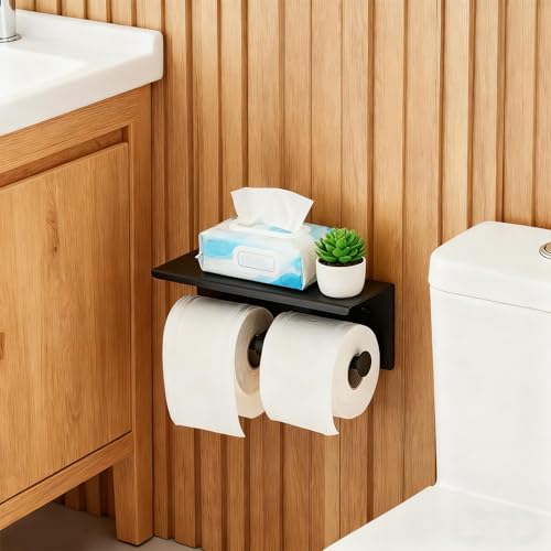 Toilet Paper Holder, NEWRAIN Double Bathroom Toilet Paper Roll Holder with Shelf, Stainless Steel Wall Mounted RV Tissue Roll Holder, Matte Black Commercial Farmhouse Toilet Paper Dispenser - color: Matte Black, style: Double
