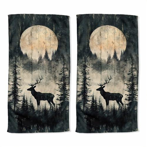 Deer Hand Towel Set of 2 White Wood Vintage Forest Animal Pine Tree Absorbent Bath Towels Kitchen Dish Towel Home Gym Hotel Bathroom Decor 14x28 inch - color: Deer