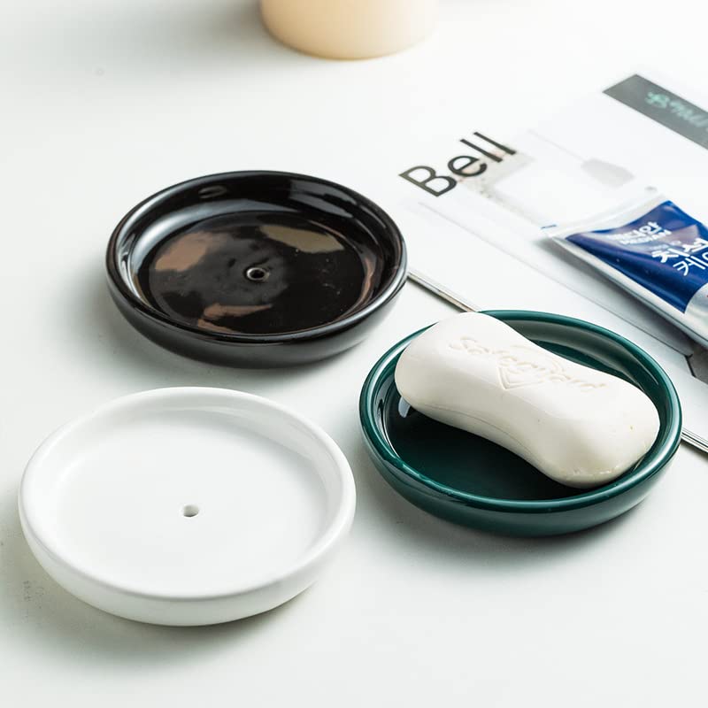 Round Self Draining Soap Dish, Small Ceramic Tray, Cute Jewelry Dish, Keep Soap Dry & Bathroom Décor (Black) - color: Black
