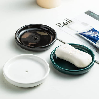 Round Self Draining Soap Dish, Small Ceramic Tray, Cute Jewelry Dish, Keep Soap Dry & Bathroom Décor (Black) - color: Black