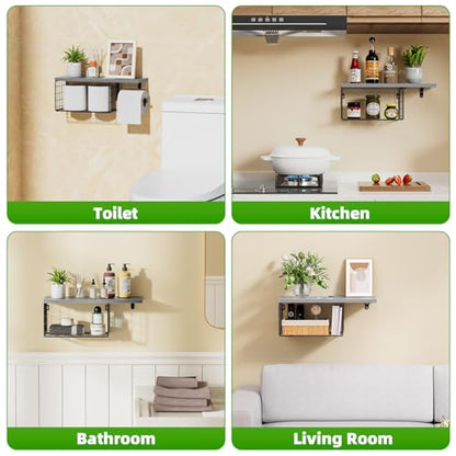 VITVITI Toilet Paper Holder with Shelf, Wall Mounted Storage Basket, Gray | Farmhouse Wall Mount Toilet Paper Holder Shelves, Wood Metal Toilet Roll Wipes Holder for Bathroom - color: Gray