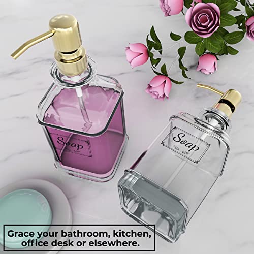 GLADPURE Soap Dispenser - 2 Pack, 18 Oz Antique Design Thick Glass Hand Soap Dispensers; with 304 Rust Proof Stainless Steel Pump, 6Pcs Clear Stickers, for Kitchen, Bathroom - Gold - color: Gold