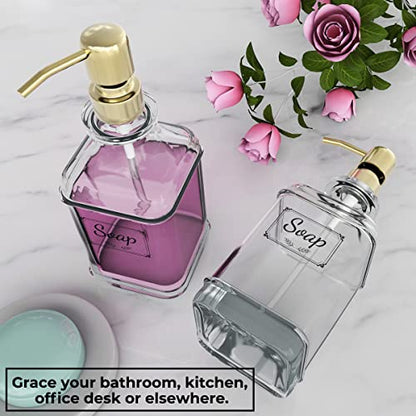 GLADPURE Soap Dispenser - 2 Pack, 18 Oz Antique Design Thick Glass Hand Soap Dispensers; with 304 Rust Proof Stainless Steel Pump, 6Pcs Clear Stickers, for Kitchen, Bathroom - Gold - color: Gold