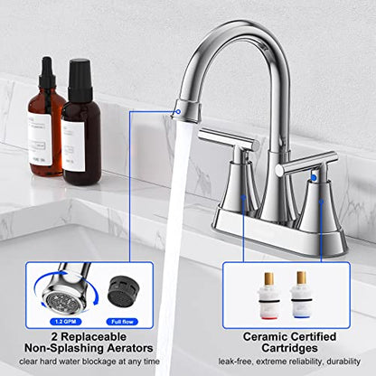 Bathroom Faucet, Hurran 4 inch Centerset 2-Handle Lead-Free, Chrome | Bathroom Sink Faucet with Pop-up Drain and Supply Lines, Stainless Steel Faucet for Vanity RV Restroom Laundry Outdoor Sink - color: Chrome