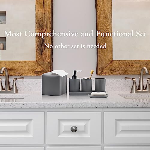Bathroom Accessory Set, 10 Piece Grey Bathroom Set Complete | Includes Trash Can, Soap Dispenser, Toothbrush Holder, Soap Holder, Tumbler, Toilet Brush, Tray, Qtip Holders, Tissue Cover - color: Grey