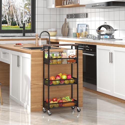 XYZLVSI Utility Slim Storage Cart, 4 Tier Kitchen Narrow Shelf on Wheels | 7.1" W skinny rolling cart with wooden top and metal handle, ideal for bathroom/dorm/office, between washer and dryer storage - size: 16.7"Dx7.1"Wx34"H