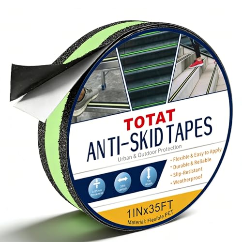 Glow in Dark Anti Slip Tape, 1" x 35FT Heavy Duty Waterproof Safety Grip Tape for Stairs, Pool, Bathroom - Black & Glow Stripe Indoor/Outdoor Multi-Purpose Traction Tape - size: 1IN x 35FT
