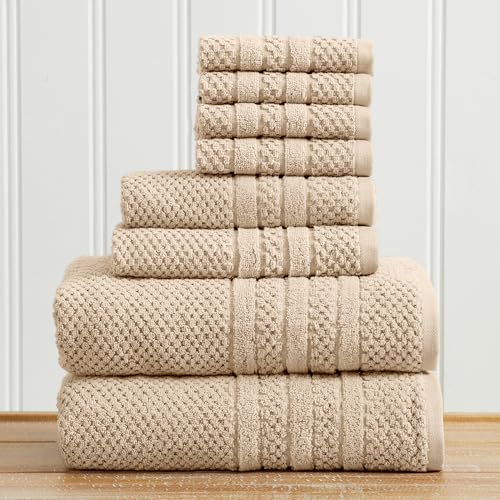 Great Bay Home 100% Cotton 8 Piece Towel Set - Absorbent, Quick-Drying, Checkered Jacquard Bath Towels for Bathroom - Zero-Twist Fibers (Sandstone) - color: Sandstone, size: 8 Piece Set