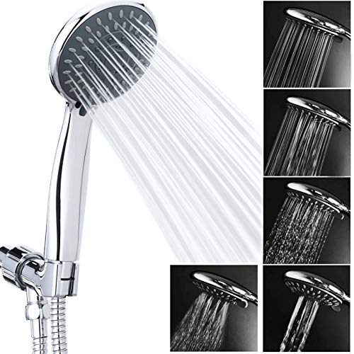 Handheld Shower Head High Pressure 5-Settings with Hose, Chrome | Powerful Water Spray, Against Low Pressure Water Flow, 59 Inch Stainless Hose, Adjustable Mount - color: Silver