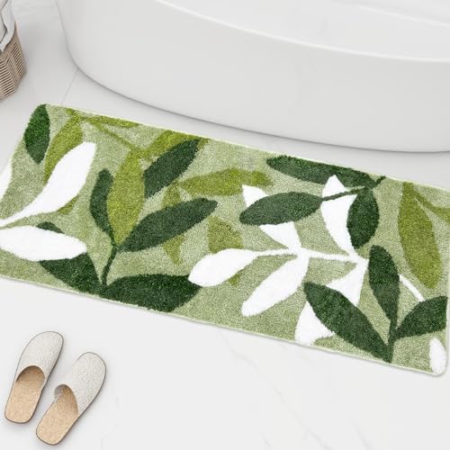 Bathroom Runner Rug 17.5"x47" Long Bath Mat Non Slip, Sage Green | Green Leaves Microfiber Water Absorbent Bathmat Washable Bath Rug for Wash Basin Bathtub Shower Bedroom Floor Cute Home Decor - color: Leaves Sage, size: 1'6" x 3'11" (Rectangular)