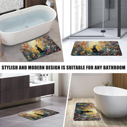 Bathroom Runner Mat Rugs Long,Cute Raccoon Flowers Image Diatomite Stone Bath Mat Large Absorbent Diatomaceous Earth Mat Non Slip Fast Dry Shower Mat Bathroom Rugs Floor Mat 16x42in - color: Design13