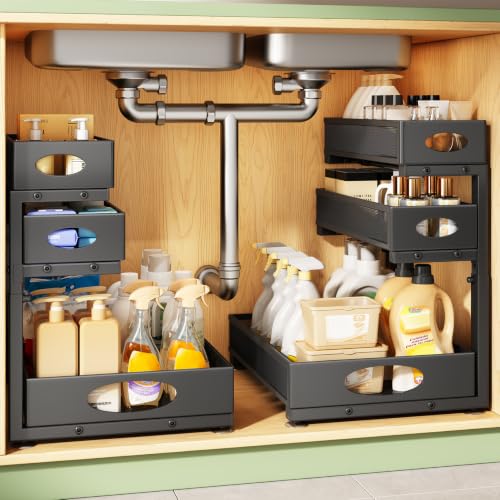 Kitstorack Under Sink Organizer 3-Tier Slide Out Drawer 2-Pack Black | Height Adjustable, Metal Mesh Storage Rack, Pull out Cabinet Organizer Shelf for Bathroom Kitchen Pantry Home Organization - color: Black, size: 2-Pack