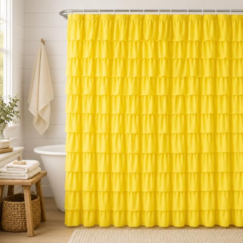 Yellow Shower Curtain for Bathroom, 72 x 84, Soft Ruffled Edge Detailing | Cascading Waterfall Ruffle Design, 72x84 inch, 7ft, 12 Hook Included, Machine Washable, Elegant Understated Farmhouse Style - color: Yellow, size: 72"W x 84"L (Pack of 1)