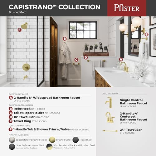 Pfister Capistrano Brushed Gold 3 Hole Centerset Bathroom Faucet LF048CSOBG | Push & Seal drain included, TiteSeal no-putty install, EPA WaterSense 30% savings, NSF lead-free, Lifetime finish coverage - color: Brushed Gold, size: 1 Pack