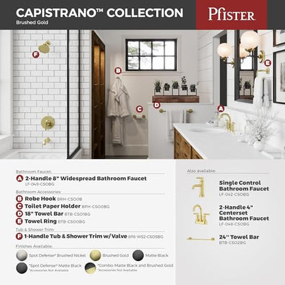 Pfister Capistrano Brushed Gold 3 Hole Centerset Bathroom Faucet LF048CSOBG | Push & Seal drain included, TiteSeal no-putty install, EPA WaterSense 30% savings, NSF lead-free, Lifetime finish coverage - color: Brushed Gold, size: 1 Pack