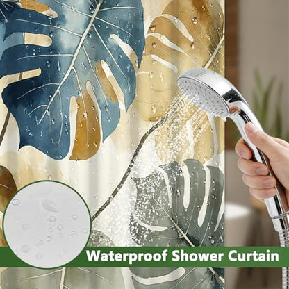 Tropical Leaves Shower Curtain with Detachable Weighted Liner, No Hook Monstera Leaf Tall Shower Curtain with Ventilation Window, Summer Waterproof Fabric Bathroom Shower Curtain Sets, 71x74 Inches - color: Monstera