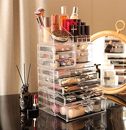 Cq acrylic 4 Pack Clear Make up Organizer Countertop,Stackable 9 Drawers Makeup Storage,Cute Vanity Organizers for dresser Hair Clip,Jewelry,Beauty Product Desk and Bathroom Organizers and Storage - style: Medium-9 drawers With Tray Top