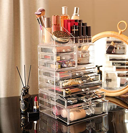 Cq acrylic 4 Pack Clear Make up Organizer Countertop,Stackable 9 Drawers Makeup Storage,Cute Vanity Organizers for dresser Hair Clip,Jewelry,Beauty Product Desk and Bathroom Organizers and Storage - style: Medium-9 drawers With Tray Top