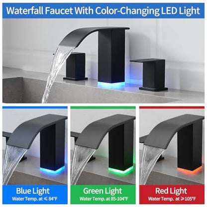 RUMOSE LED Bathroom Faucets Set 3 Hole Vanity Faucet with Pop Up Drain | Matte Black Bathroom Sink Faucet, Widespread Waterfall, 3 Colors Light Changing, Stainless Steel, Deck Mounted - color: Matte Black