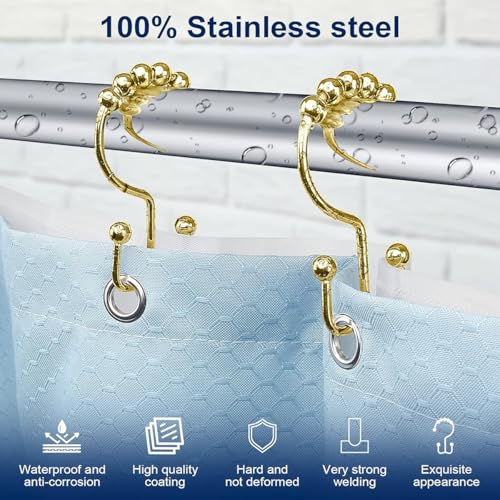 Shower Curtain Hooks Rings, Rust Resistant Metal Double Glide Shower Hooks Rings for Bathroom Shower Rods Curtains, Set of 12 Hooks - Gold - color: Gold