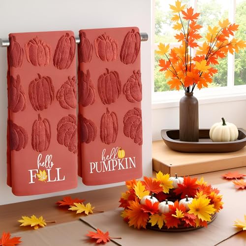 2 Pack Fall Hand Towel Jacquard Embroidered Cotton Kitchen Towels Farmhours Thankful Bath Towels Set Thanksgiving Bathroom Decor (Red Hello Fall, 2*Hand Towel) - color: Red Hello Fall