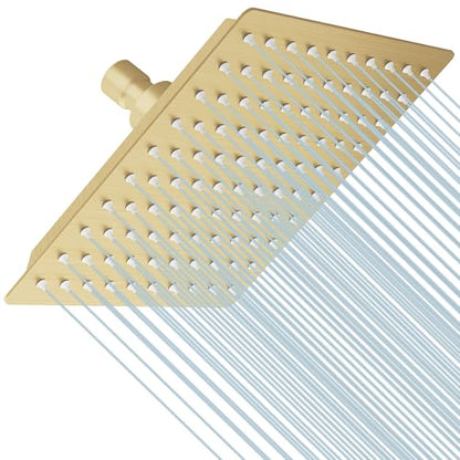 8 In Rain Shower Head High Pressure Rainfall Shower Head Brushed Gold | Square Rain Bathroom Showerhead, High Flow, Large Stainless Steel, Ceiling Mounted, Wall Mounted, Waterfall Full Body - color: Brushed Gold, size: 8 Inch