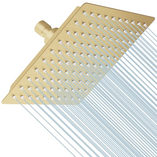 8 In Rain Shower Head High Pressure Rainfall Shower Head Brushed Gold | Square Rain Bathroom Showerhead, High Flow, Large Stainless Steel, Ceiling Mounted, Wall Mounted, Waterfall Full Body - color: Brushed Gold, size: 8 Inch
